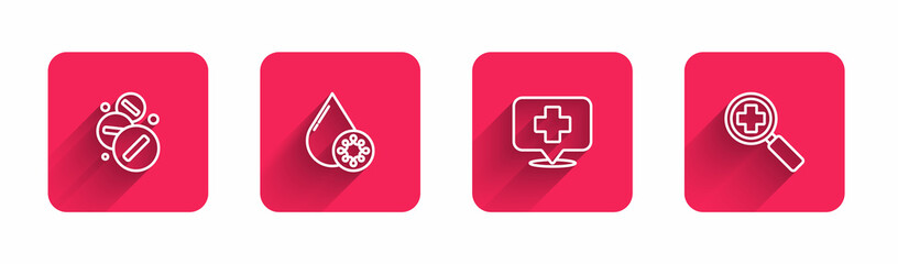 Set line Medicine pill or tablet, Blood test and virus, Map pointer with cross hospital and Magnifying glass for search medical with long shadow. Red square button. Vector