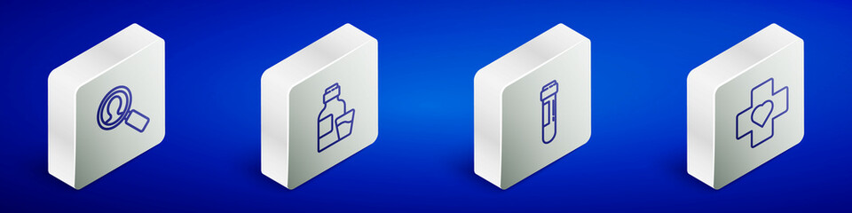 Set Isometric line Medical analysis, Bottle of medicine syrup, Test tube with blood and Heart cross icon. Vector