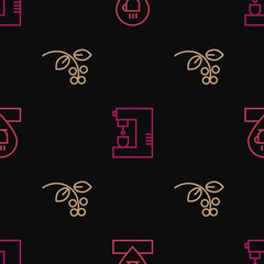 Set line Location with coffee cup, Coffee bean, branch and machine on seamless pattern. Vector