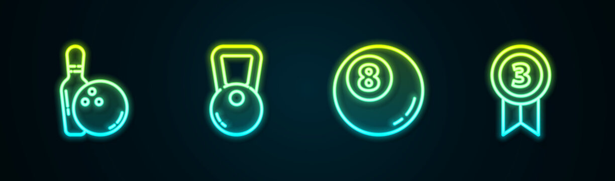 Set line Bowling pin and ball, Kettlebell, Billiard pool snooker and Medal. Glowing neon icon. Vector