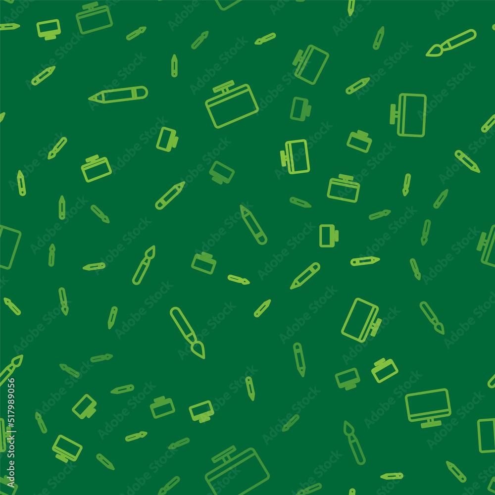 Poster set line pencil with eraser, paint brush and computer monitor screen on seamless pattern. vector