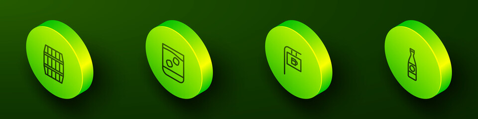 Set Isometric line Wooden barrel, Glass of whiskey, Street signboard with Bar and Beer bottle icon. Vector