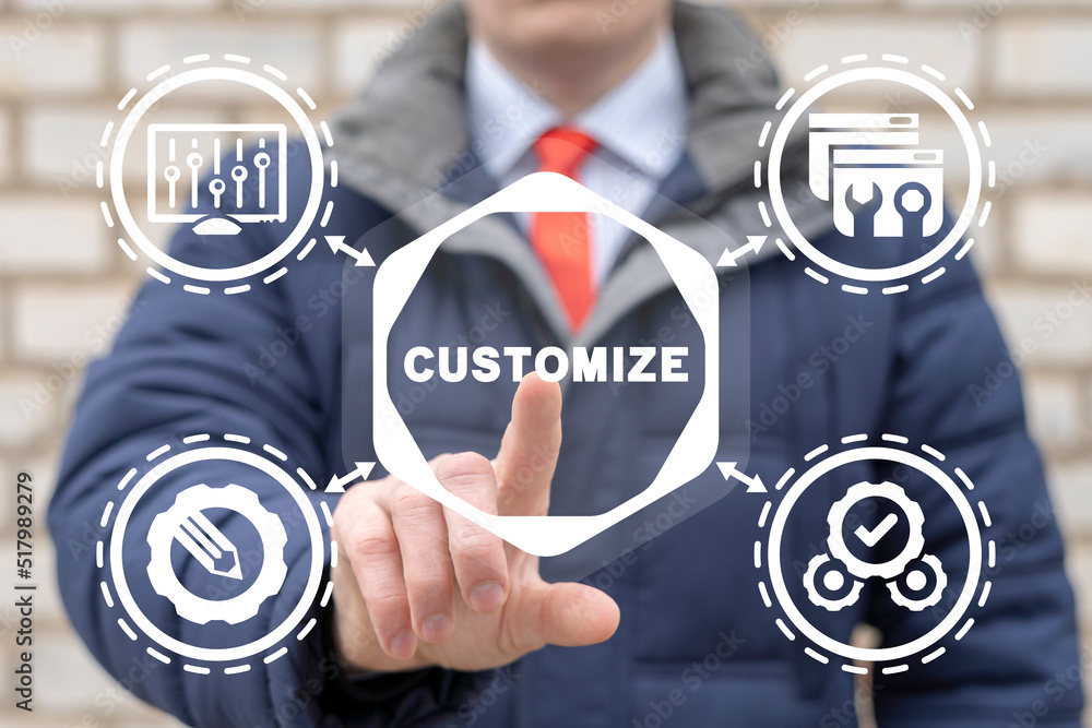 Poster businessman using virtual touchscreen clicks word: customize. customization business concept. custom