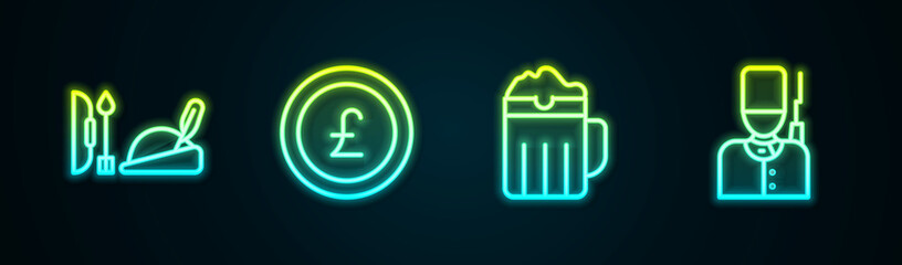 Set line Robin hood hat, Coin money with pound, Wooden beer mug and British soldier. Glowing neon icon. Vector