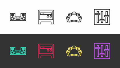 Set line Home stereo, Guitar amplifier, Tambourine and Sound mixer controller on black and white. Vector
