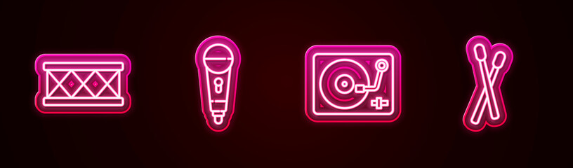 Set line Drum, Microphone, Vinyl player with vinyl disk and sticks. Glowing neon icon. Vector