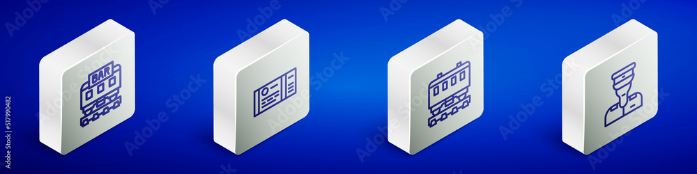 Sticker Set Isometric line Restaurant train, Train ticket, Passenger cars and conductor icon. Vector