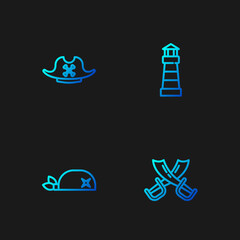 Fototapeta na wymiar Set line Crossed pirate swords, Pirate bandana for head, hat and Lighthouse. Gradient color icons. Vector