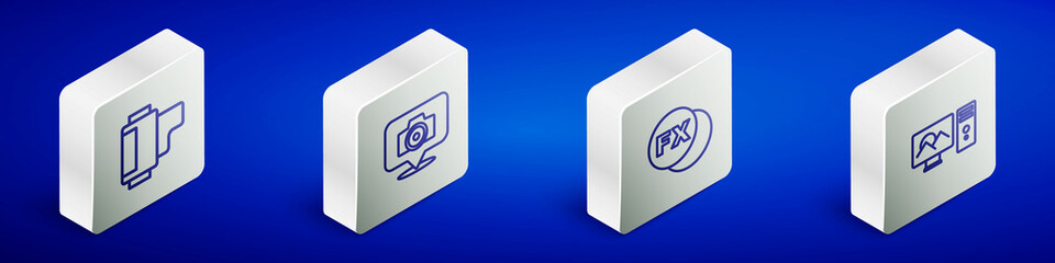 Set Isometric line Camera roll cartridge, Photo camera, fx and retouching icon. Vector