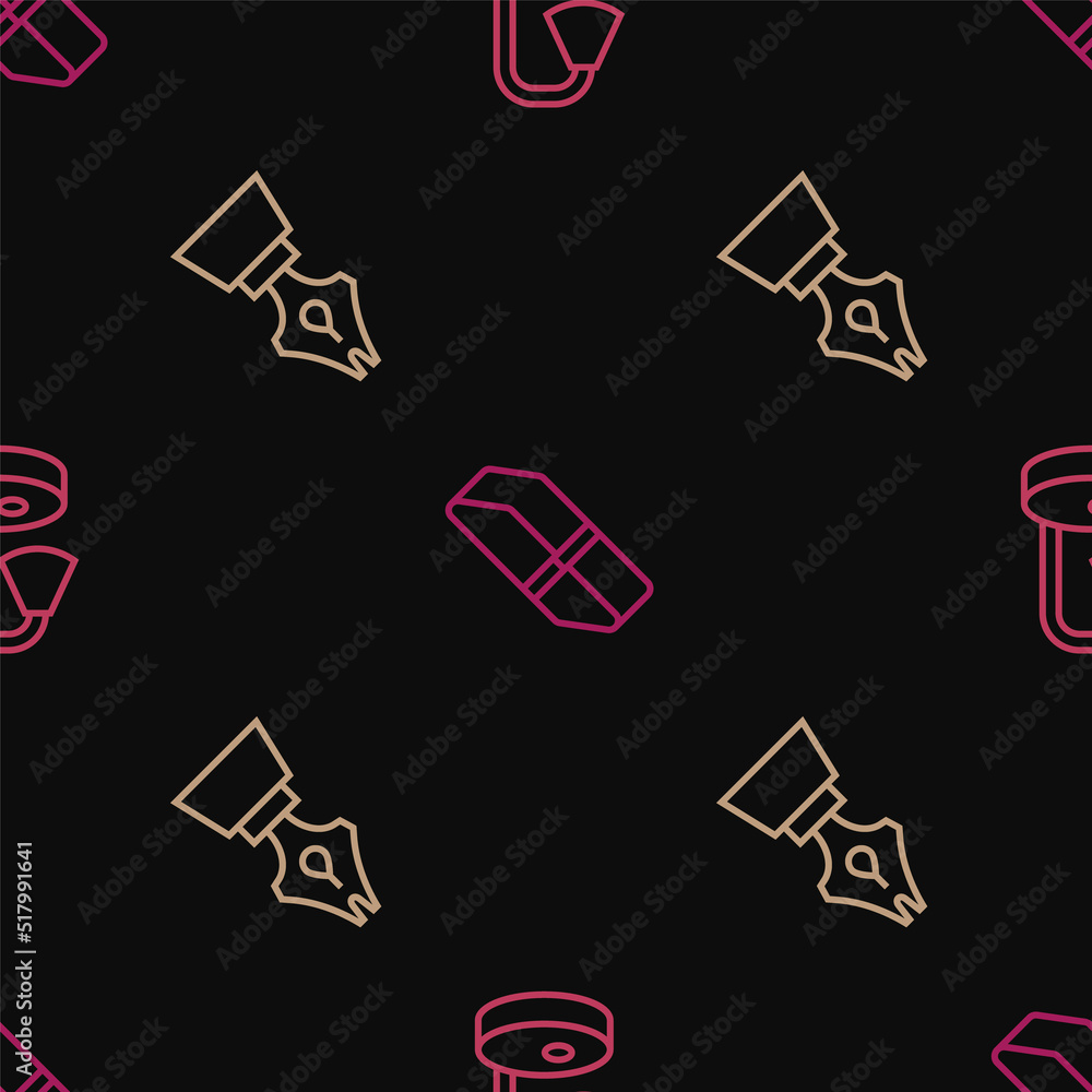 Poster set line table lamp, fountain pen nib and eraser or rubber on seamless pattern. vector