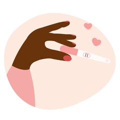Black womans hand holding positive pregnancy test. Beginning pregnancy concept.