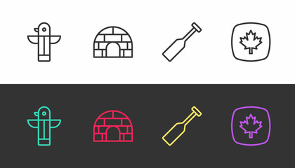 Set line Canadian totem pole, Igloo ice house, Paddle and maple leaf on black and white. Vector