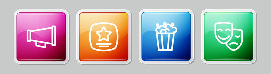 Set line Megaphone, Walk of fame star, Popcorn in cardboard box and Comedy and tragedy masks. Colorful square button. Vector