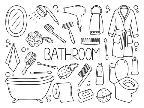 Hand drawn set of Bathroom doodle. Towel, bathrobe, shower, bathtub, mirror in sketch style. Vector illustration isolated on white background.