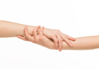 human hands on a white background isolated. hands indicate support hold care resist compete.
