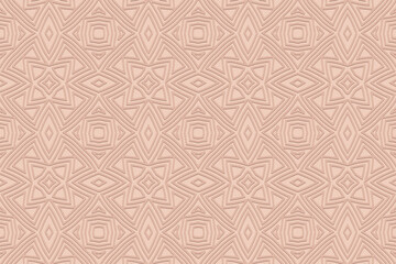 Embossed pink background, ethnic cover design. Geometric 3D pattern, unique texture. Tribal artistic ornaments of the East, Asia, India, Mexico, Aztecs, Peru. Art deco style.