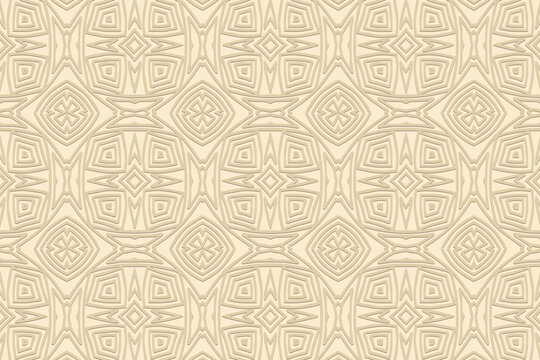 Embossed light background, ethnic cover design. Geometric 3D pattern, abstract texture. Tribal artistic ornaments of the East, Asia, India, Mexico, Aztecs, Peru. Art deco style.
