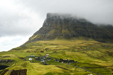 Town of Gasadalur at the foot of the mountain in the Faroe Islands