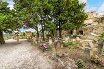 The Cimetière Les Baux de Provences or Old Cemetery at the historic village of Les Baux in the Alpilles mountains of Southern France.