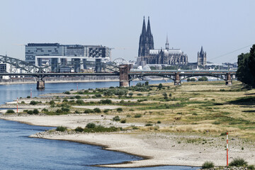 Cologne, Germany July 19, 2022: low water level on the rhine in cologne