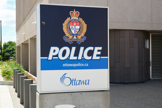 Sign at entrance of the Ottawa Police Headquarters. Ottawa, Canada. July 8, 2022