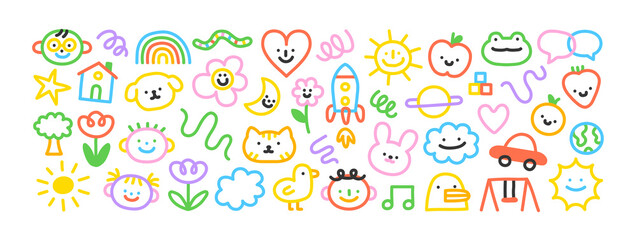 Colorful children cartoon icon collection. Set of funny line doodle decoration on isolated background. Simple kid art bundle includes child character, animal and nature symbol. © Dedraw Studio