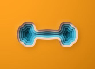 Realistic 3D paper cut dumbbell weight illustration. Layered colorful gym barbell symbol for lifting sport, healthy lifestyle or bodybuilder workout concept.