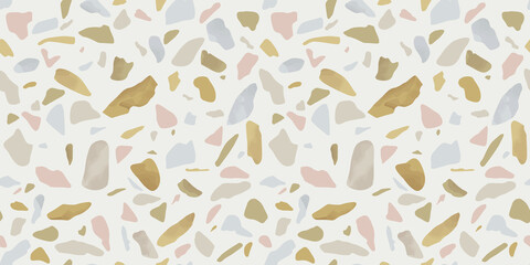 Terrazzo flooring seamless pattern with colorful marble rocks. Realistic interior material background of mosaic stone. Trendy fashion print wallpaper for textile project or web backdrop.