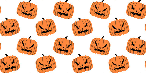 Scary halloween pumpkin seamless pattern. Creepy orange jack o lantern cartoon doodle background for october season concept.