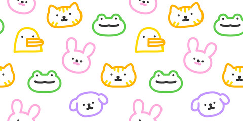 Colorful funny animal face doodle seamless pattern. Cute happy animals in simple children art style background illustration.