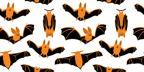 Creepy bat animal cartoon seamless pattern illustration. Scary halloween celebration vampire bats background in modern hand drawn doodle style. - obrazy, fototapety, plakaty