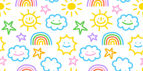 Colorful funny sky doodle seamless pattern. Cute happy clouds in simple children art style background illustration with sun and rainbow.