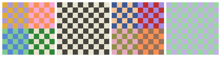 Colorful trendy checker board square seamless pattern collection. Set of geometric pastel square background in vintage 90s style.  - obrazy, fototapety, plakaty