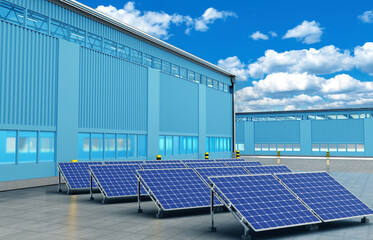 Solar panels technology. Factory for production of solar panels concept. Solar power plant next to factory. Production of ECO power plants. Panels for collecting sunlight energy. 3d rendering. - obrazy, fototapety, plakaty