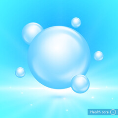 Water bubbles on blue background. Vitamin complex for beauty treatment nutrition skin care. Medical and scientific concept design. 3d realistic vector EPS10