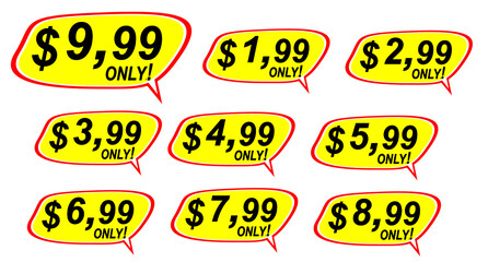 Discount sticker Template with 9,99 1,99 2,99 3,99 4,99 5,99 6,99 7,99 8,99 only. Vector template design. Sale, price tag illustration