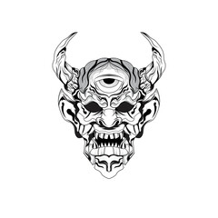 Hand drawn black and white tattoos artwork devil satan mask oni demon horn vector Illustration