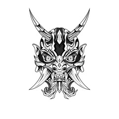 Hand drawn black and white tattoos artwork devil satan mask oni demon horn vector Illustration