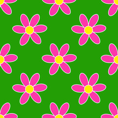 Groovy daisy pattern 60s, 70s, 80s style. Crimson daisies on a green background