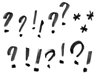 Question marks and exclamation marks. Freehand signs. Doubt, questions, FAQ, conflict, discussion, graphic signs. Alphabet, isolated over white background. Drawing with marker pen. Calligraphic type