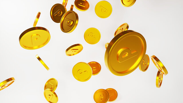 白い背景にポイントのPマークが入ったコイン、金貨がたくさん降っている画像。
