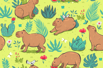 Seamless pattern with cute capybaras. Vector graphics.