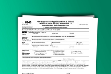 Form 8945 documentation published IRS USA 05.27.2021. American tax document on colored