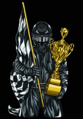winner racing driver isolated on black background for poster, t-shirt print, business element, social media content, blog, sticker, vlog, and card. vector illustration. - obrazy, fototapety, plakaty