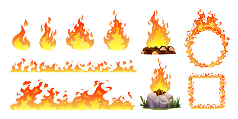 Set of fire flames, burning bonfire, campfire, fireball, heat wildfire cartoon vector illustration © YG Studio