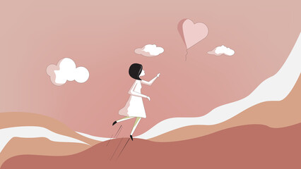 A hope. illustration vector.  a girl chasing a balloon in the wind. 