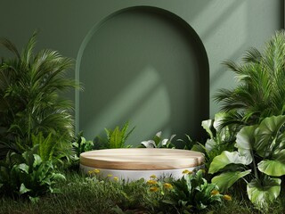 Wooden podium in tropical forest for product presentation and green background. - obrazy, fototapety, plakaty