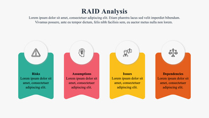 Infographic presentation template of RAID Analysis with icons and text space.