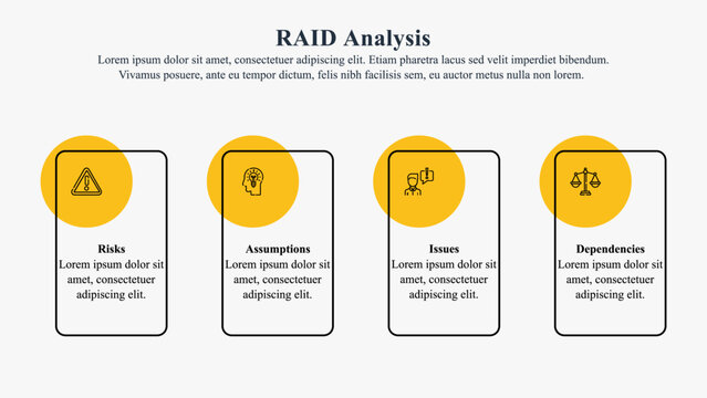 Infographic presentation template of RAID Analysis with icons and text space.