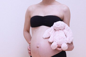 妊婦の身体とお腹の中の赤ちゃんとうさぎのぬいぐるみ